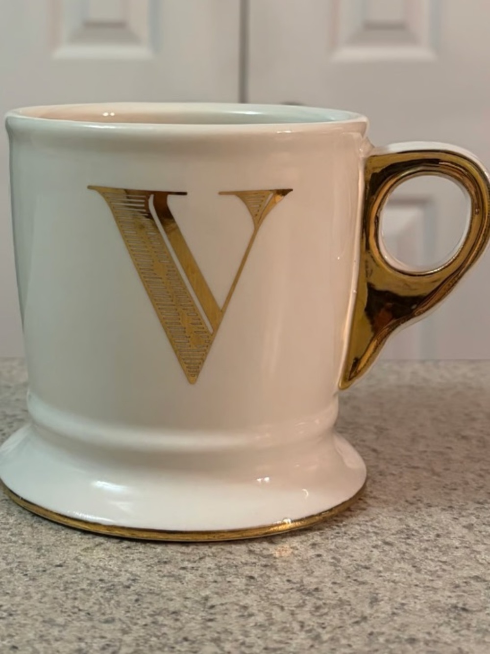 White Ceramic Accent Mug with Gold 'V' Monogram and Gold Handle